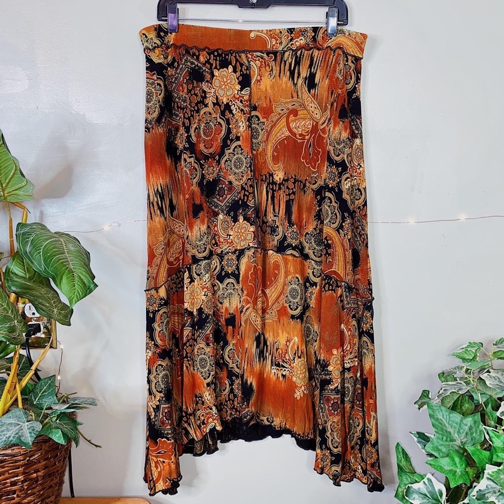 90s Vintage Coldwater Creek High Waisted Earthy Tone Patterned Flare Midi Skirt